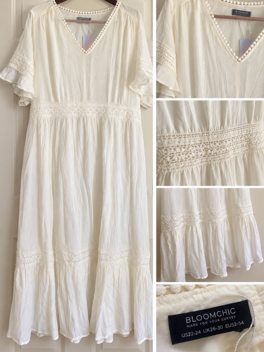 BloomChic Cream V-Neck Crochet-Trim Maxi Dress